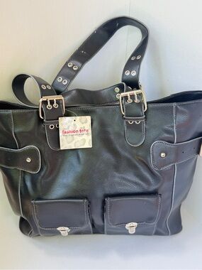 NWT Macy's Black Large Faux Leather Motorcycle Tote Bag Y2K Pockets Shoulder Bag